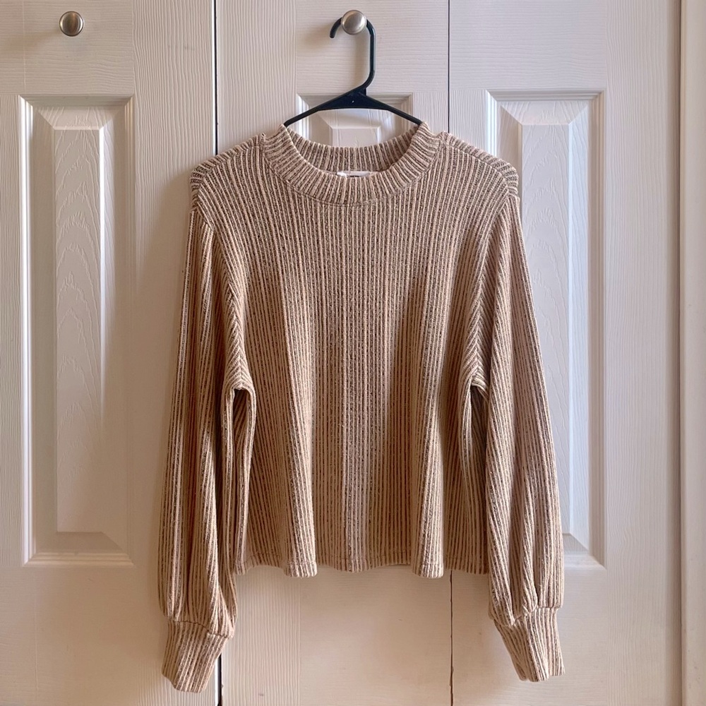 LUSH: Beige Ribbed Crew Neck Sweater